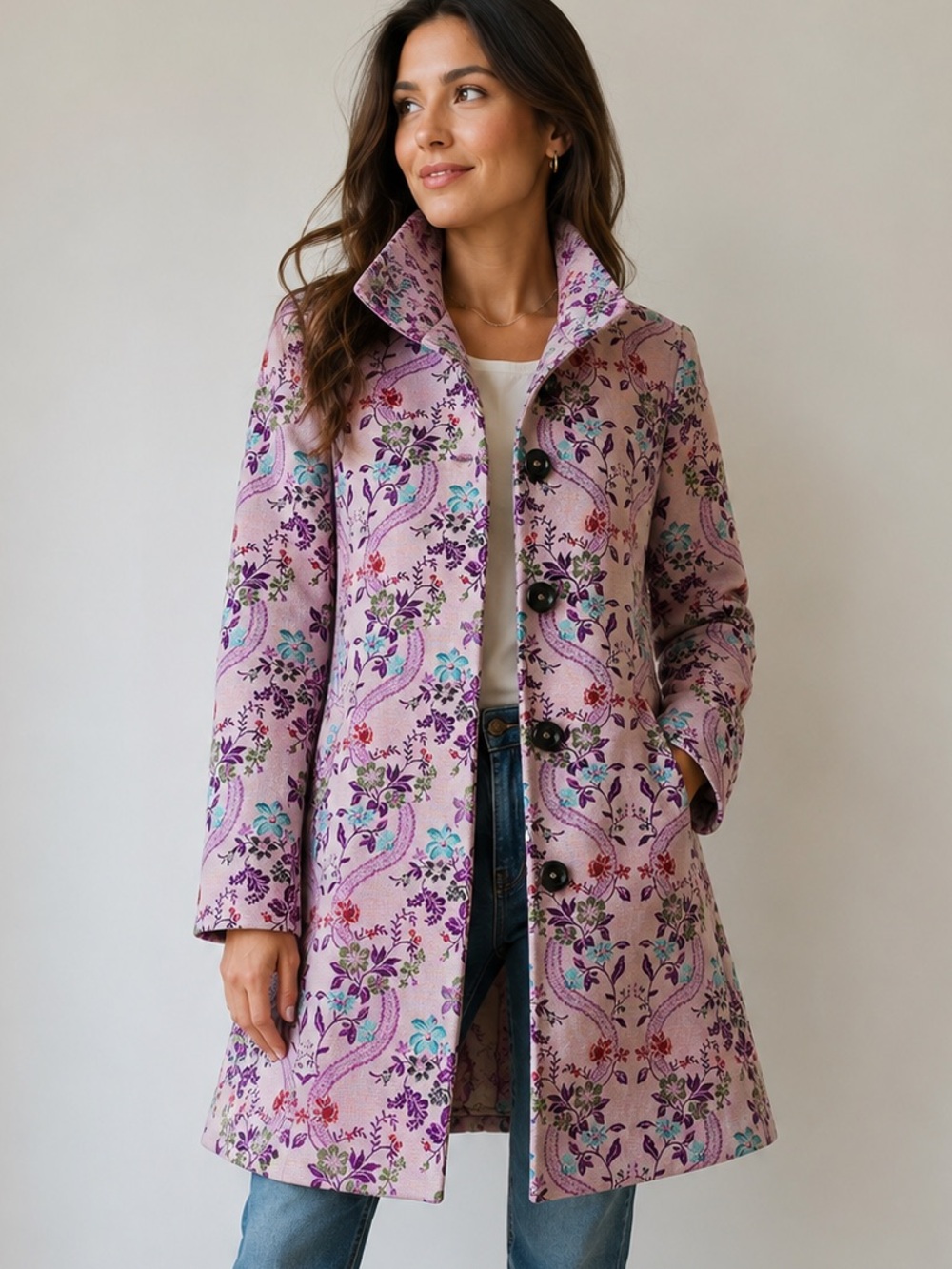 Desigual Floral Jacquard Coat Jacket EU 38 Pink Purple Stand Collar Boho